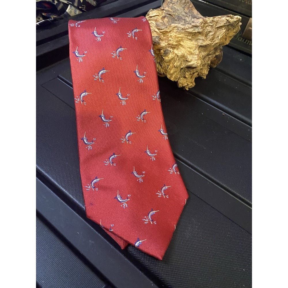 Lands End Vintage Red Tie 100% Silk Hand Sewn SwordFish Design‎  56"x 3.75